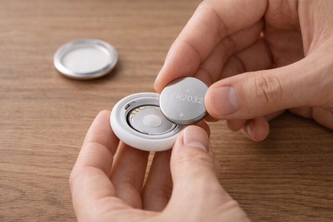 AirTagのCR2032電池を正しい向きで交換する手順のイメージ