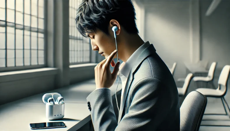 AirPodsの音量調整によって音漏れ対策を行う日本人男性のイメージ