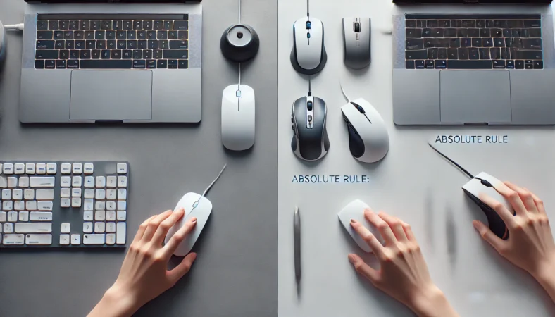 通常マウス、高機能マウス、縦型マウスの3択を並べた比較用デスクイメージ