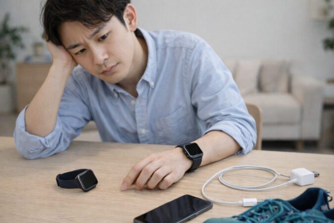 スマートウォッチを使わなくなった失敗例をイメージした日本人男性の手元