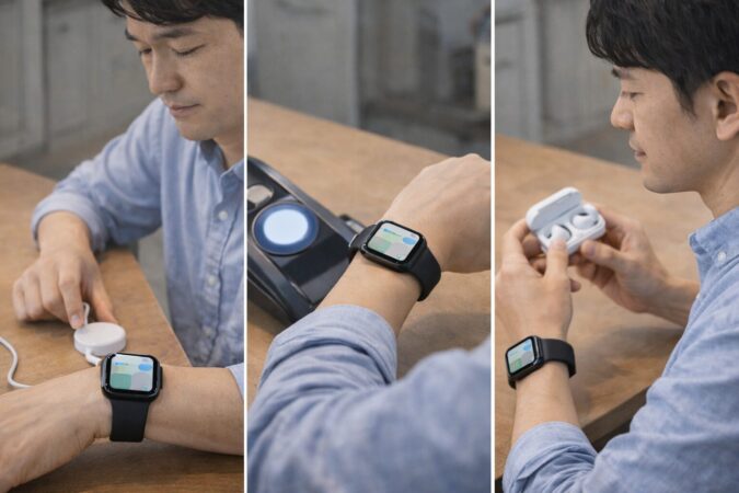 iPhoneなし運用の手順（充電・決済・連絡手段）を外出前に整える流れを一枚で表したセットアップシーン