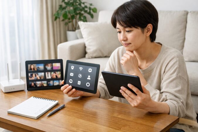 用途に合わせてタブレットのスペックを比較し、後悔しない選び方を検討する日本人の様子