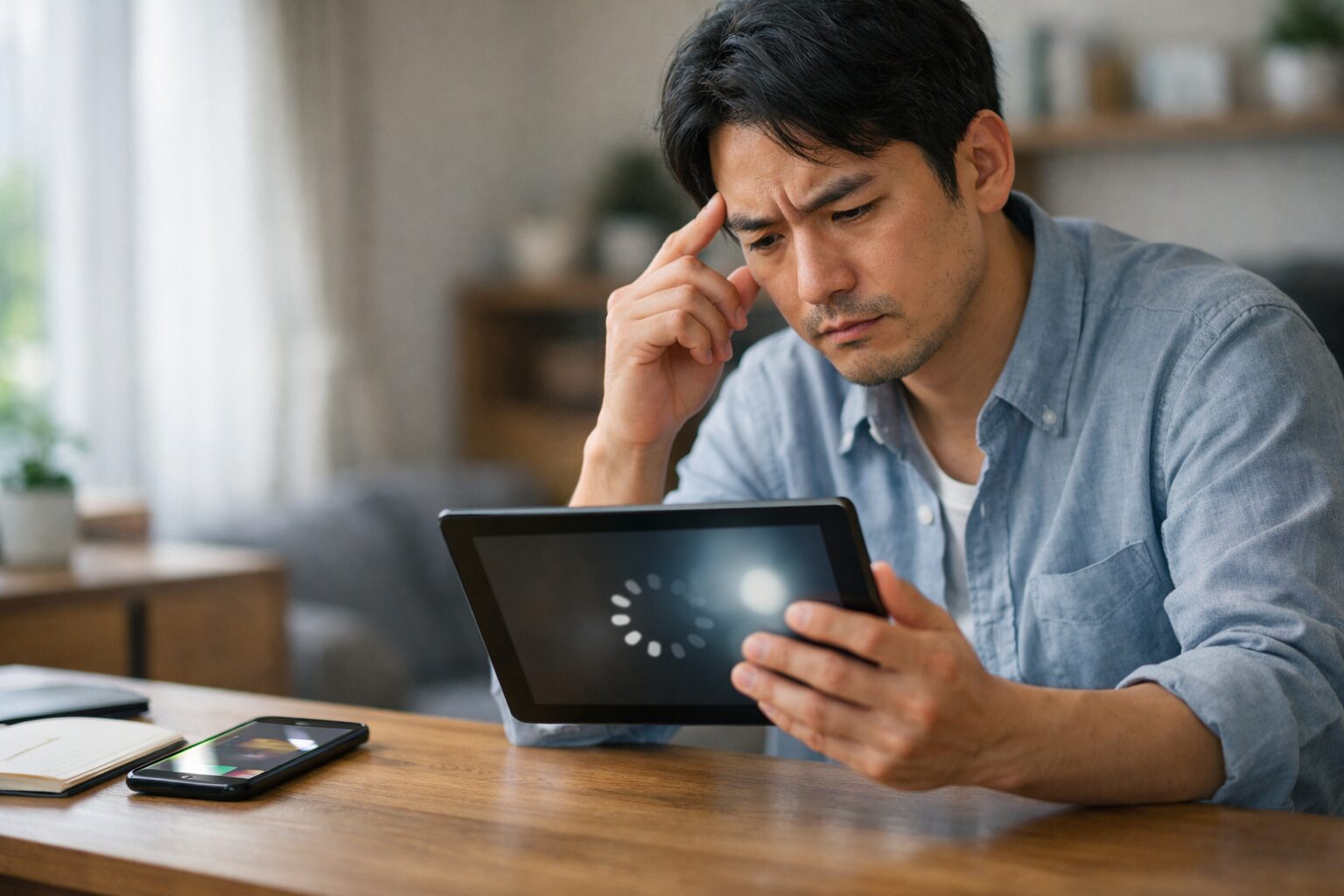 日本人ユーザーが動作の遅いタブレットに不安を感じている様子（原因と結論の導入イメージ