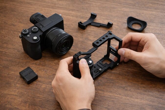 サムグリップやケージなどで小型ミラーレスの使いにくさを補うアクセサリーのイメージ