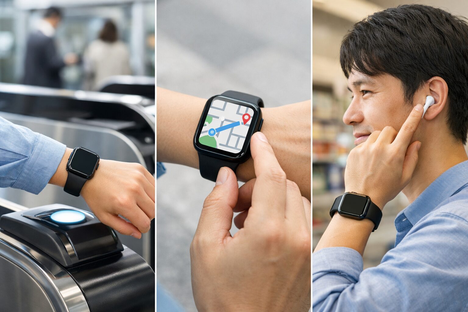 Apple Watch単体外出の不安を減らすため、タッチ決済・地図確認・通話を一度にイメージできる日本の街中シーン