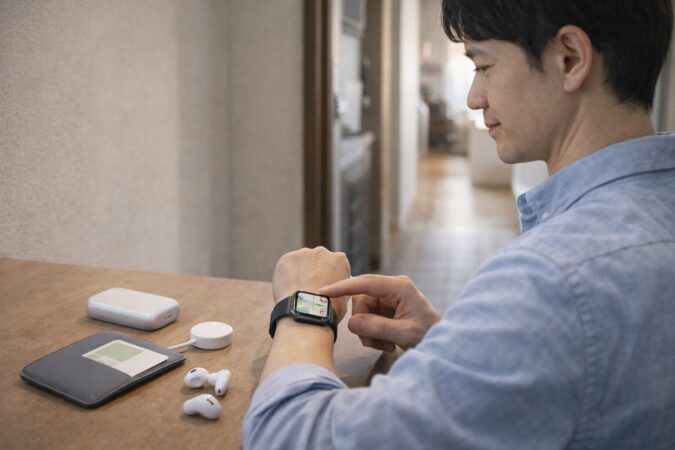 外出前に充電・イヤホン・決済手段を整えて、Apple Watchだけで外に出る準備をする日本人の玄関シーン