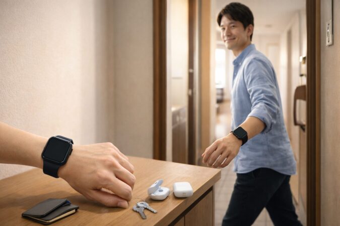 iPhoneを持たずにスマートウォッチ中心で外出できるかを判断するための、玄関での準備シーン（日本人）