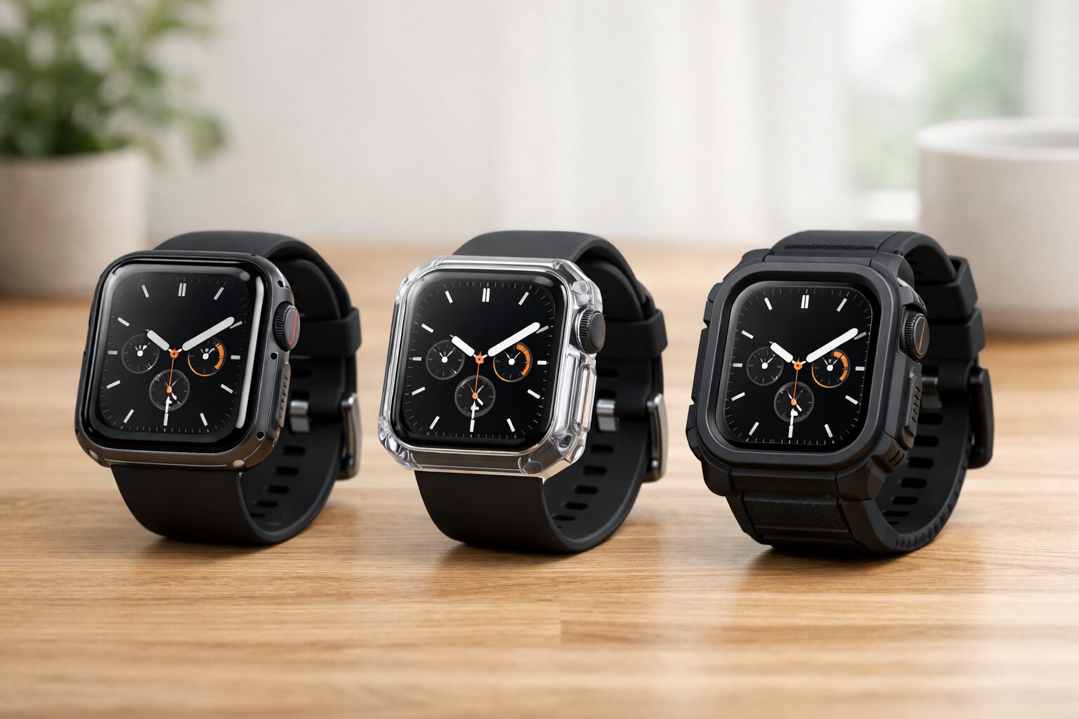 Apple Watch用のガラス一体型ケース、クリアバンパー、防水一体型ケースを比較した用途別イメージ