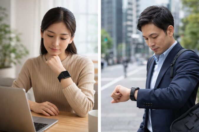 日常の生活導線に合わせてApple Watchカバーの必要性を考える日本人男女のイメージ