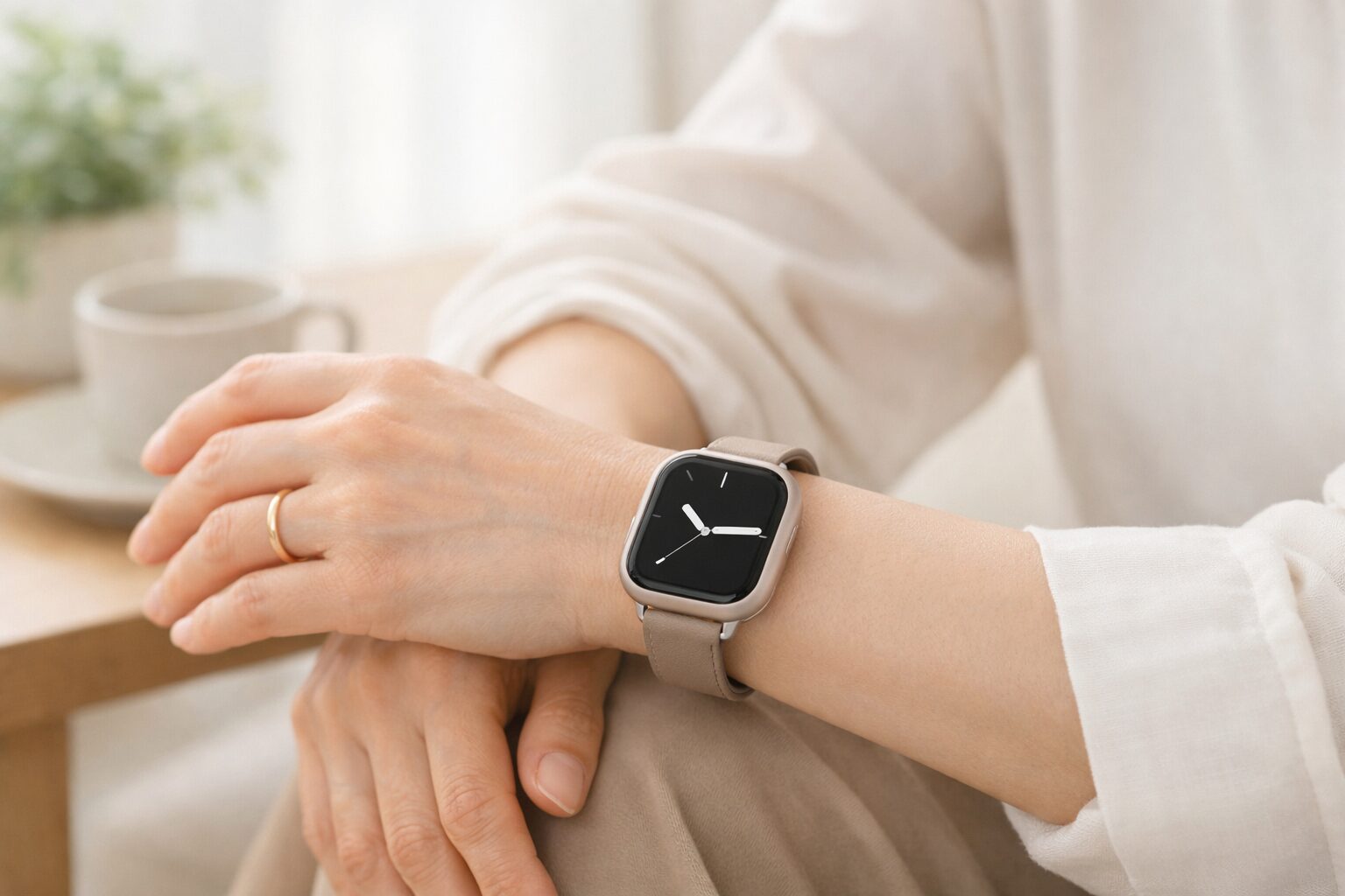 40代から60代女性に似合う上品なスマートウォッチの手元イメージ
