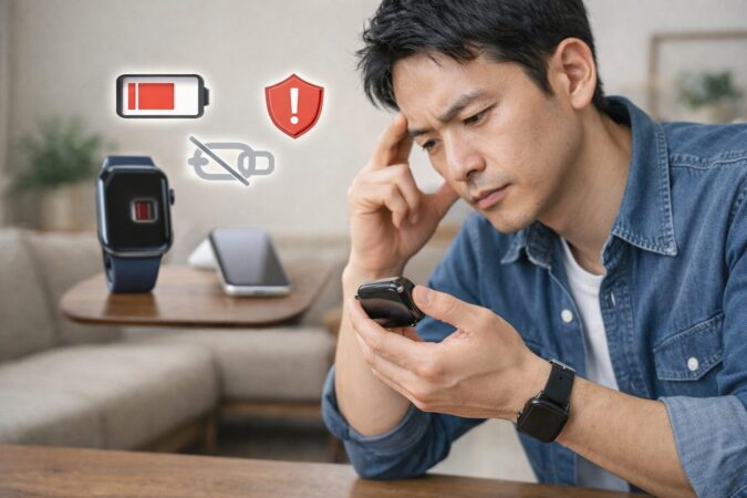 中古Apple Watchの不安要素として、バッテリー劣化や互換性、保証不足を比較して考えるイメージ
