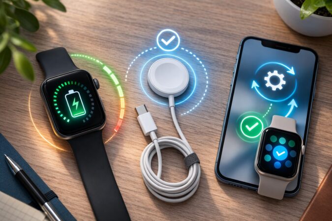 スマートウォッチ寿命の判断材料としてバッテリー状態・充電安定性・ソフト対応をイメージした俯瞰写真