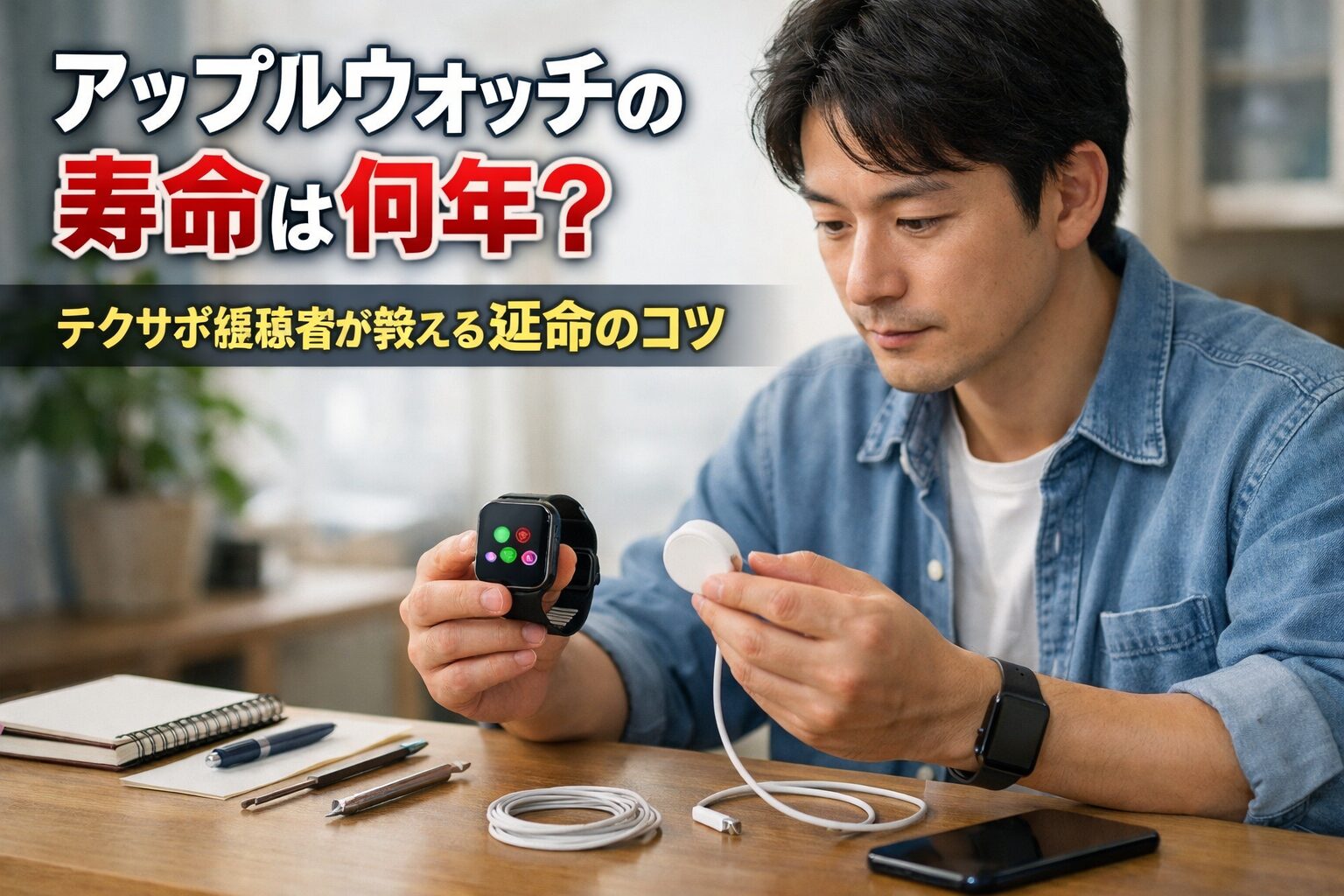 テクサポ担当の日本人がスマートウォッチと充電器を点検し、寿命判断と延命の準備をしている様子