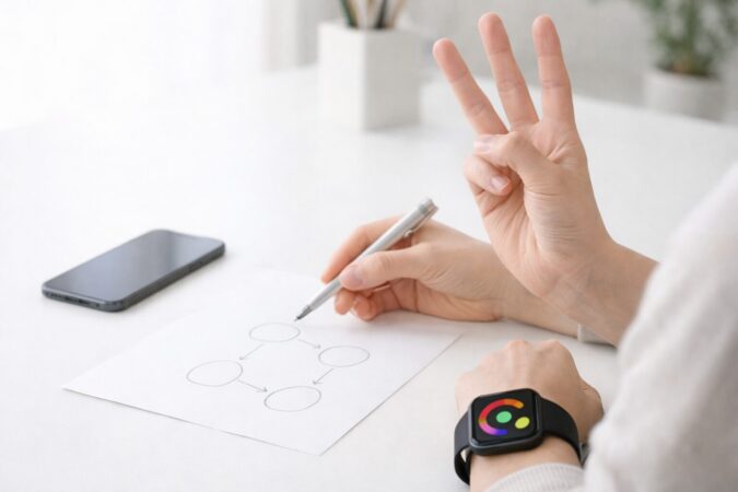 外出頻度や連絡優先度などの判断軸を整理する日本人の手元とスマートウォッチ