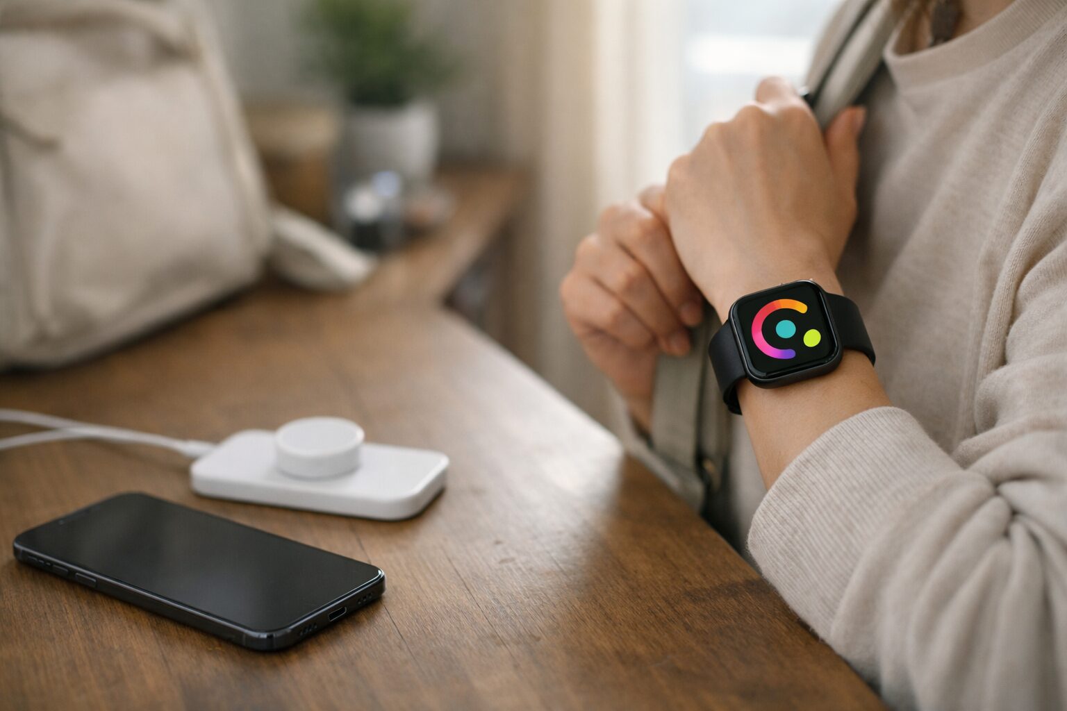 料金と使い方を比較検討するためにスマートウォッチとスマホを並べた日本の生活シーン