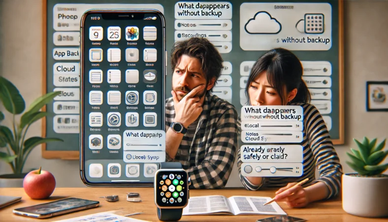 iCloudバックアップで一部アプリが選択できない理由を、同期設定や制限の違いから確認するイメージ