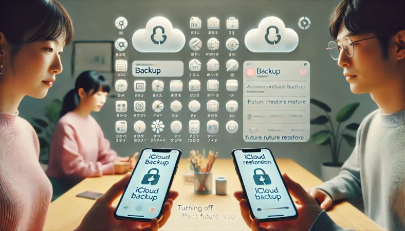 iCloudバックアップでアプリをオフにしても今すぐ消えず、復元時の影響を考える日本人女性のイメージ