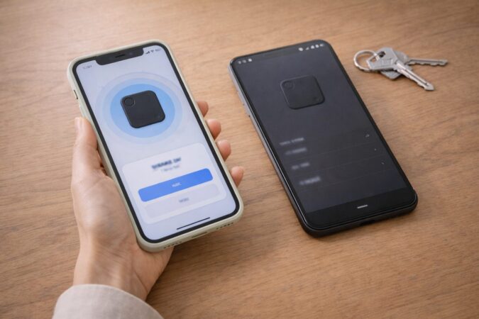 紛失防止タグのiPhone向け利用とAndroidの違いを表すイメージ