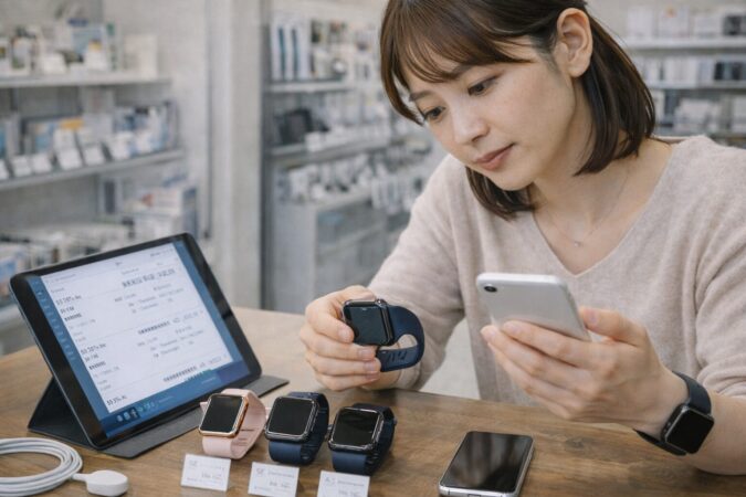 イオシスで中古Apple Watchの世代や保証、バッテリー状態を比較しているイメージ