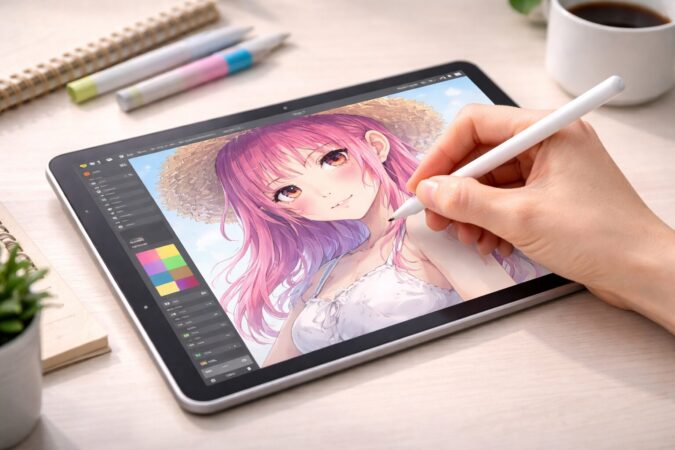 iPadでイラスト制作をする日本人クリエイターの作業イメージ