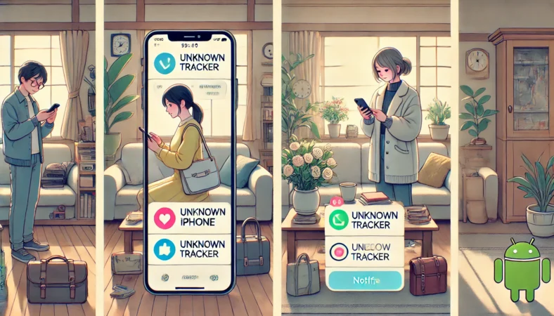 不明トラッカー通知後にスマホ確認とバッグ点検を順番に進める日本人ユーザーの対処イメージ