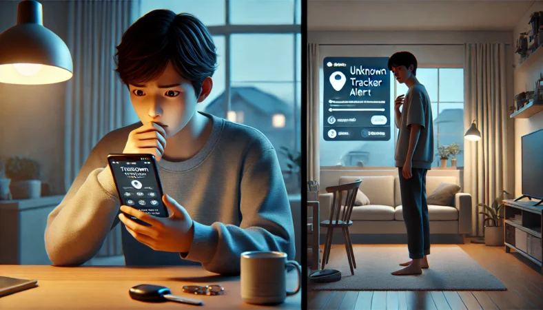 AirTagを持っていない日本人ユーザーがAndroidの不明トラッカー通知の意味を確認しているイメージ