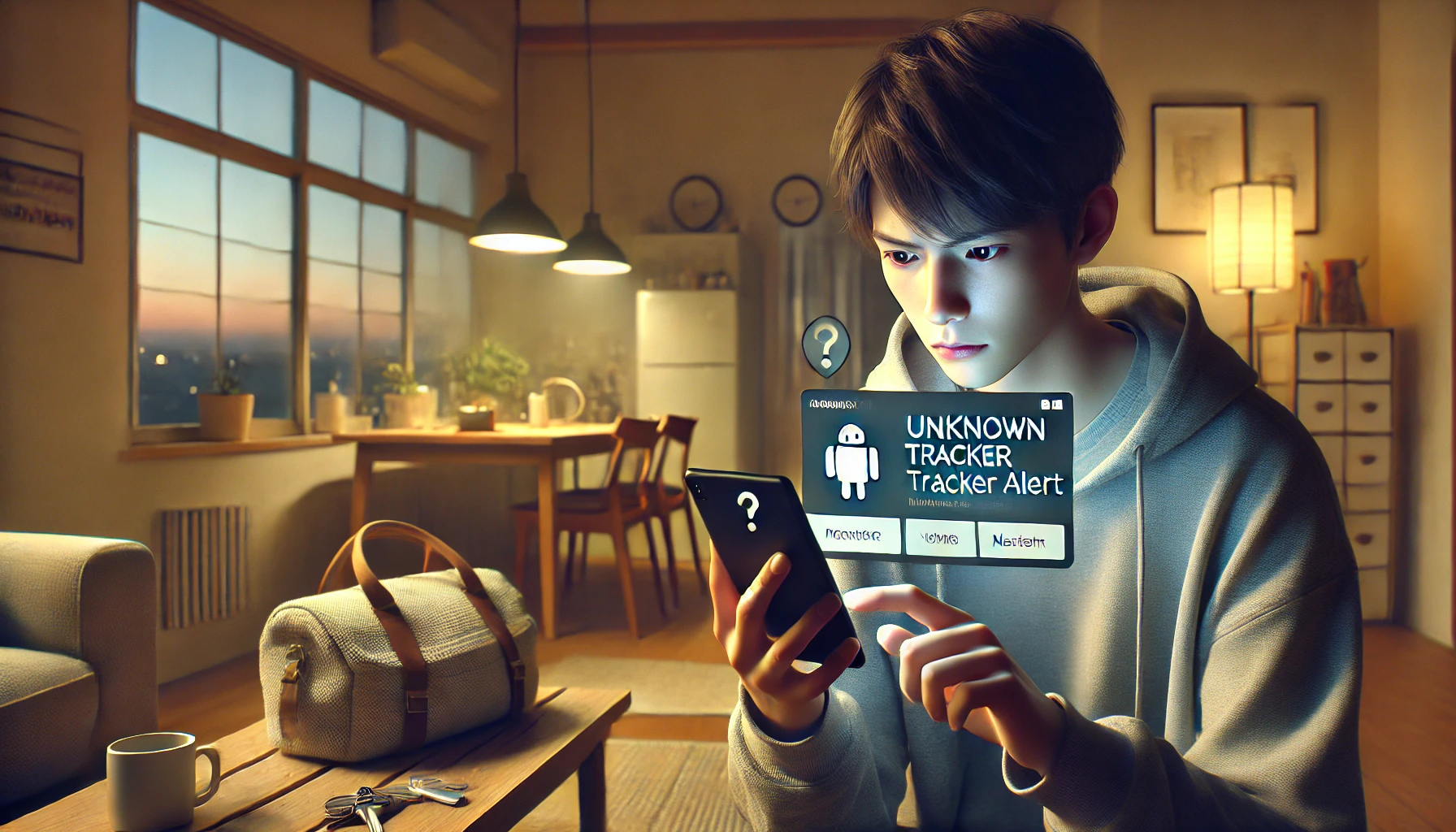 AirTagを持っていないのにAndroid通知が出て不安そうにスマホを確認する日本人ユーザーの室内イメージ