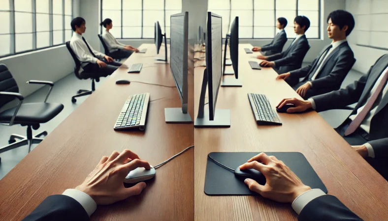 細かい表計算作業でトラックボールの微調整に苦戦する日本人オフィスワーカー