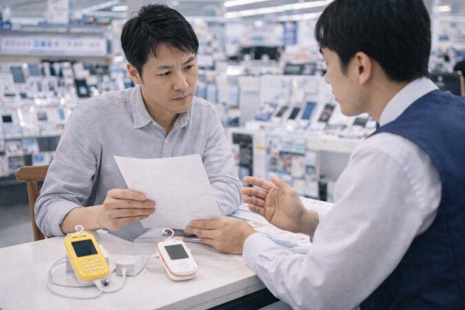 日本の量販店で父親がキッズケータイの条件を詳しく確認する様子