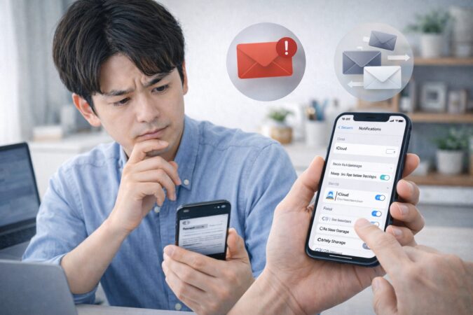 iCloud関連メールの通知設定と迷惑メール対策を見直す日本人利用者の様子