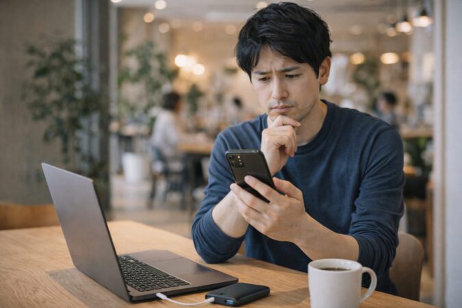 日本人男性がスマホの5Gオートとオンのどちらが合うか比較している様子