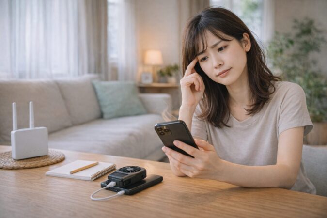 日本人女性がスマホの発熱と電池対策を含めて5Gオート設定に悩んでいる場面