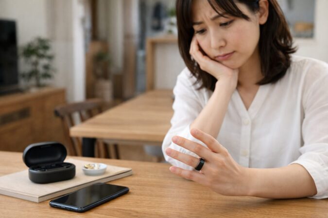 スマートリングに違和感を覚えて悩む日本人女性の日常シーン
