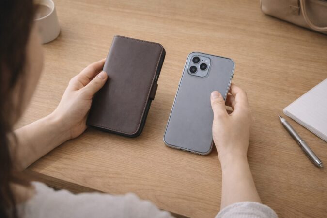 手帳型ケースと背面カバーを机上で比較する日本人ユーザーの選択シーン