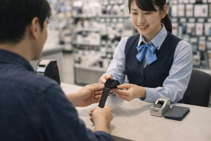 日本の家電量販系カウンターでスマートウォッチのバッテリー交換受付をする対面相談の様子