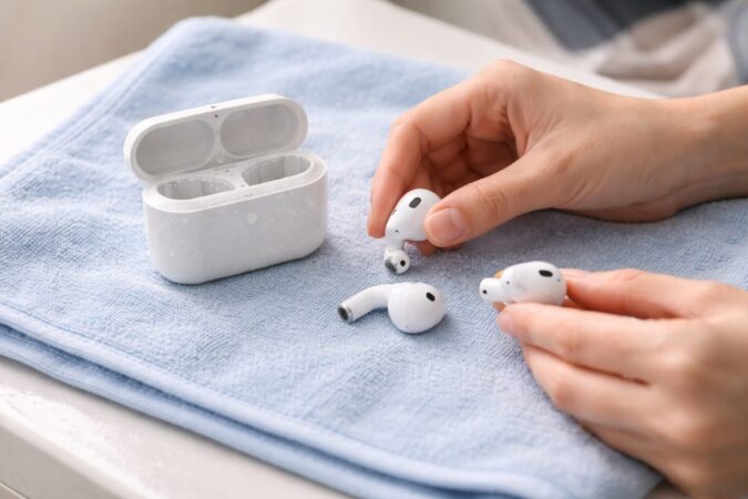 洗濯後にワイヤレスイヤホン本体をケースから外して分離している様子