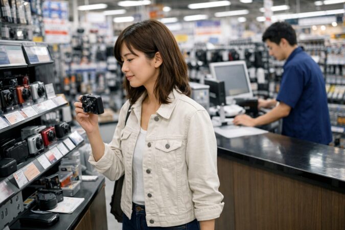 店舗スタッフにカメラ在庫や取り寄せ可否を確認する日本人客の様子