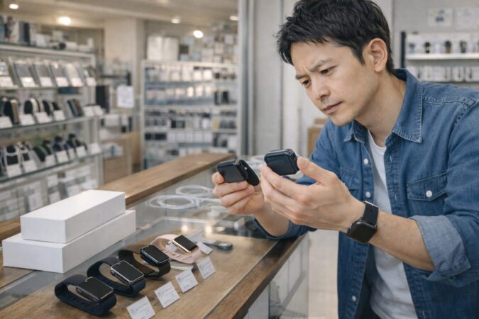ゲオで中古Apple Watchを選ぶ前にモデルや保証、付属品を確認しているイメージ