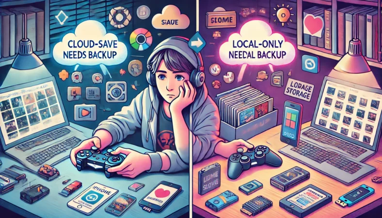 ゲームのセーブデータがクラウド連携かローカル保存かを見極めてバックアップ要否を確認するイメージ