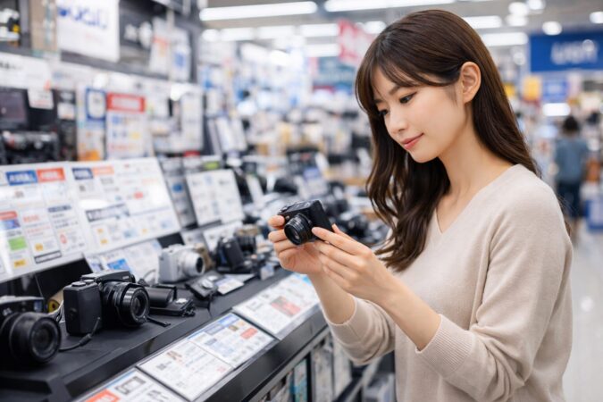 家電量販店のカメラ売り場でコンデジを探す実店舗購入イメージ