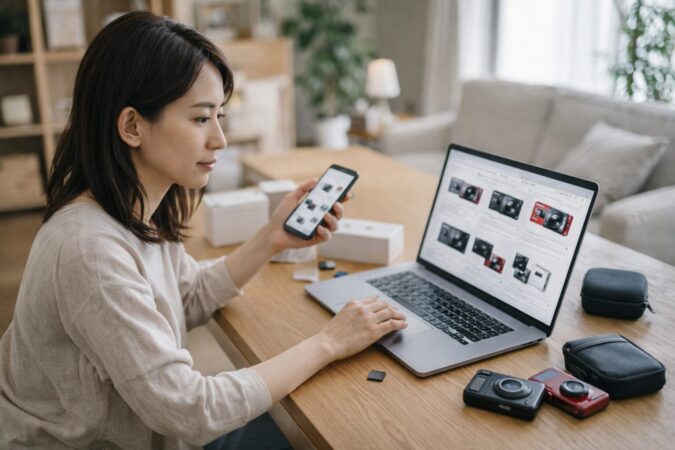 自宅で通販サイトを比較しながらコンデジ購入を検討する様子