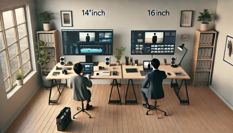 作業スペースと持ち運びやすさからノートPCのサイズを比較するデスク環境