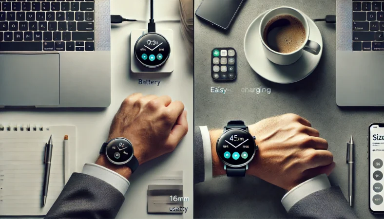 2つのサイズ感を比較できる丸型スマートウォッチの装着イメージ