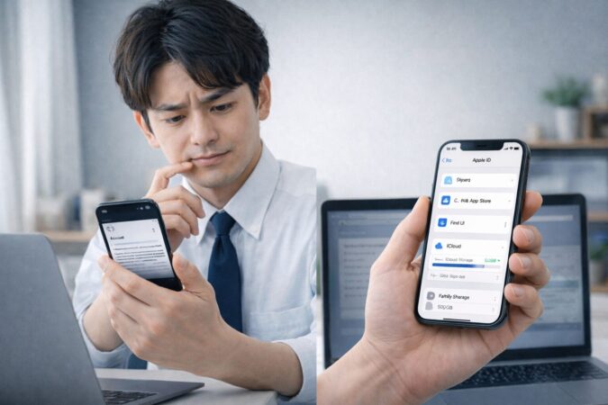 サービスお知らせメール風でも油断せず公式画面で確認する注意喚起イメージ