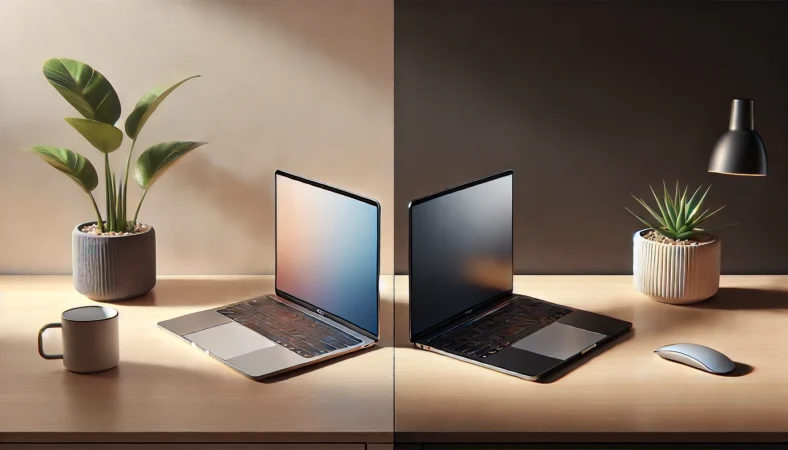 シルバー系とスターライト系の薄型ノートPCを並べ、色味の温度差を見せる比較イメージ