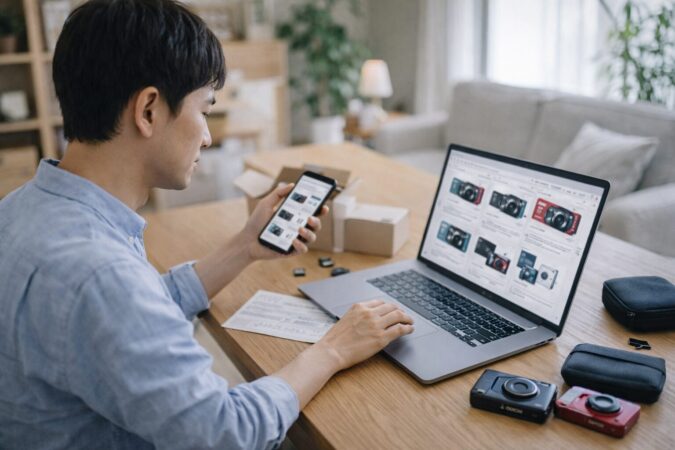 量販店通販でカメラの価格や保証条件を比較する購入検討イメージ