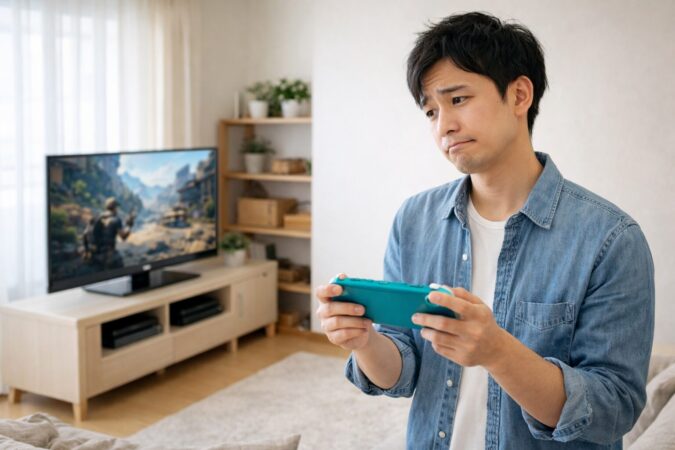 携帯専用ゲーム機の制限に気づいて迷う日本人ユーザーのイメージ
