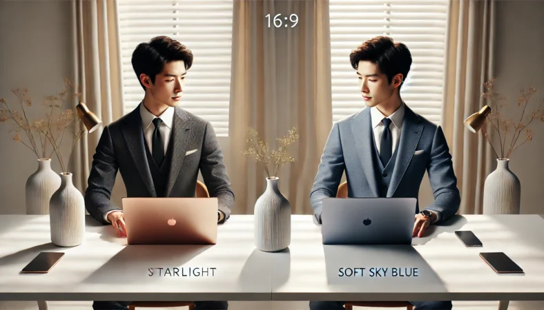 スターライトとスカイブルー系の薄型ノートPCを自然光で比較した、暖色と寒色の違いがわかるイメージ