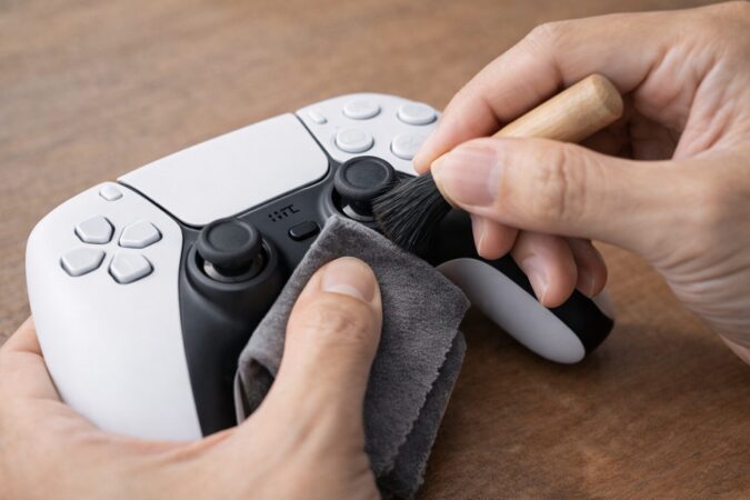 スティックのドリフト対策として根元を乾拭き清掃している日本人の手元写真