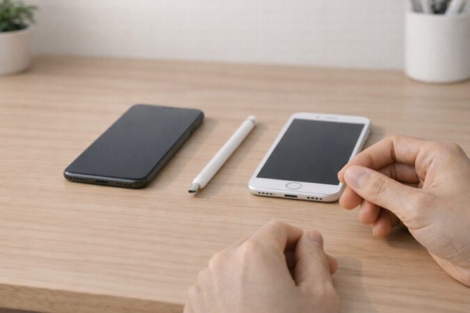 Apple Pencil第1世代をスマホで充電できるか比較検討している様子